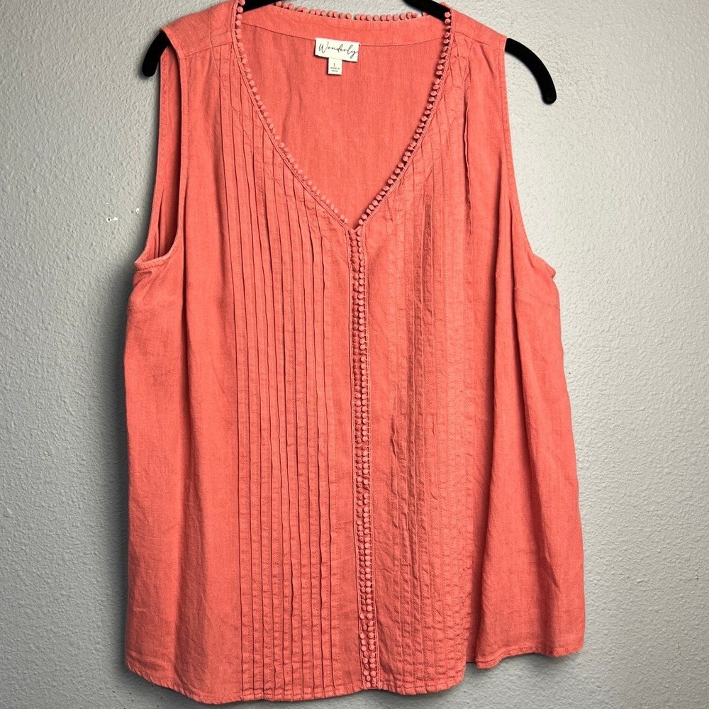 Wonderly Coral Linen Blend Pintuck Pom Pom Trim Sleeveless V-Neck Top Large